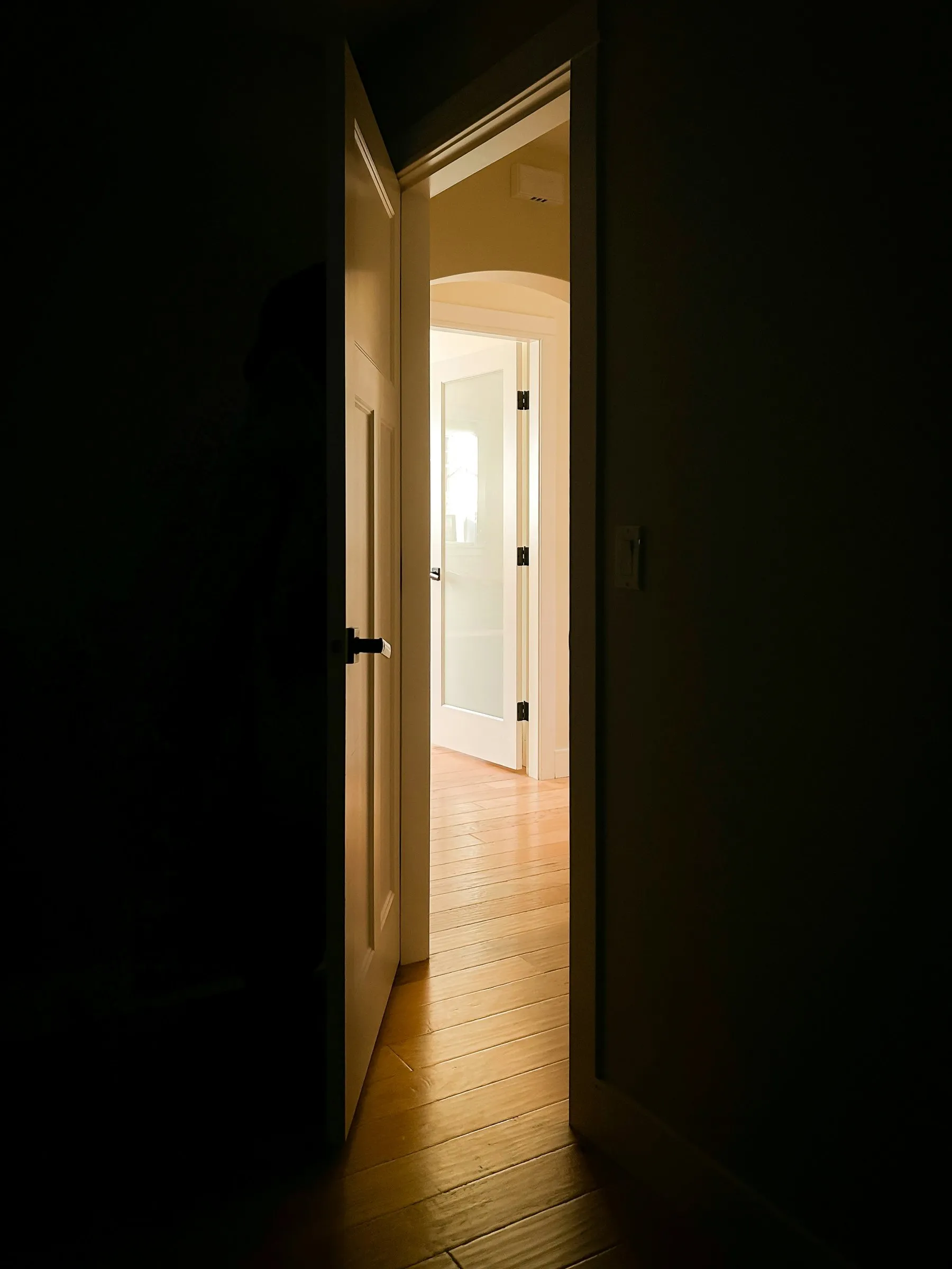 A slightly opened door letting warm light into a dark room
